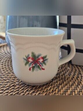 Vintage Pfaltzgraff White Mug with Red Ribbon and Green Pine Sprigs
